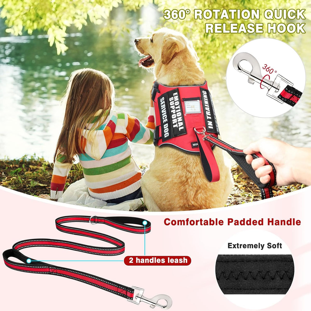 Service Dog Vest Harness and Leash Set+10 Patches - Large / Red - image 3