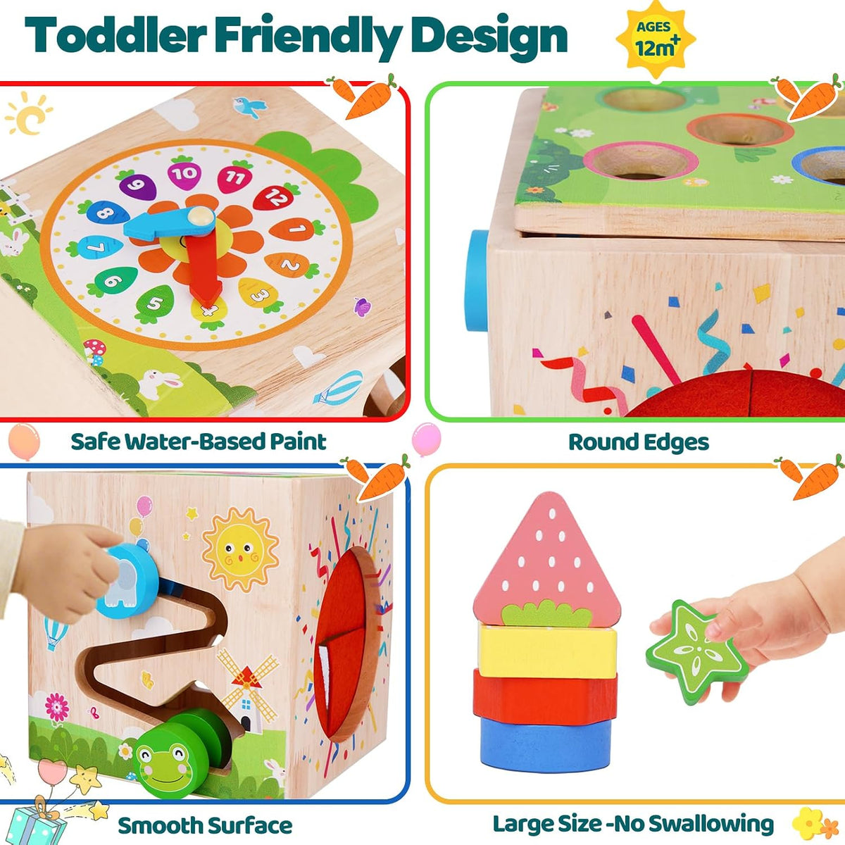 KMTJT 7-in-1 wooden activity cube with bead maze, learning clock and shape sorter - view 8