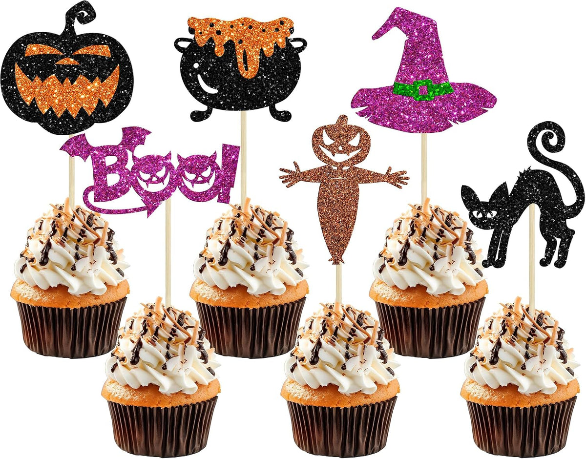 Ephlyn 24 white glitter ghost cupcake toppers for Halloween desserts