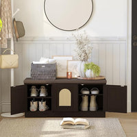 DINZI LVJ Shoe Bench, Entryway Storage Bench with Doors, Cushion, 2-Tier Shoe Rack with 6-Cubby, 39.4”L x 13.8”W Shoe Organizer Cabinet, Adjustable Shelf, Living Room, Bedroom, Espresso with Rattan