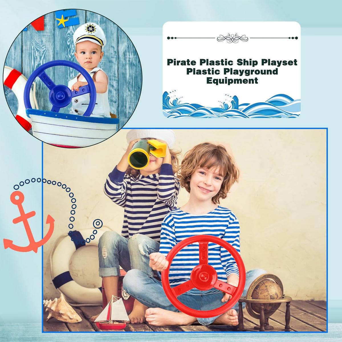 Haconba plastic pirate ship steering wheels for playsets in blue and red with mounting hardware - view 13