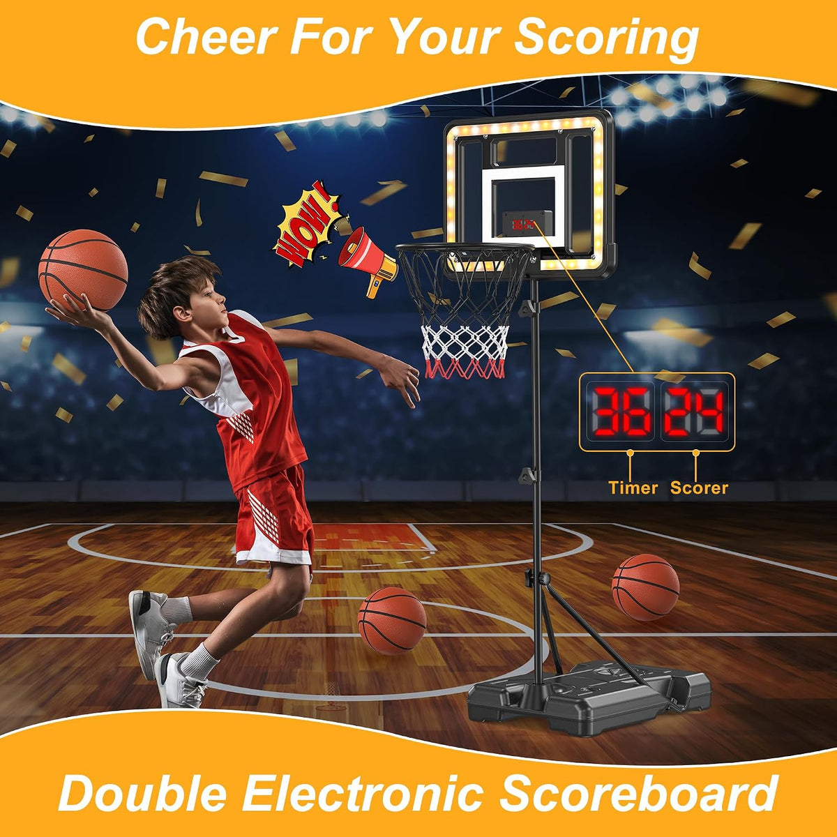 flybakiz kids basketball hoop with electronic scoreboard, timer and adjustable stand - view 7