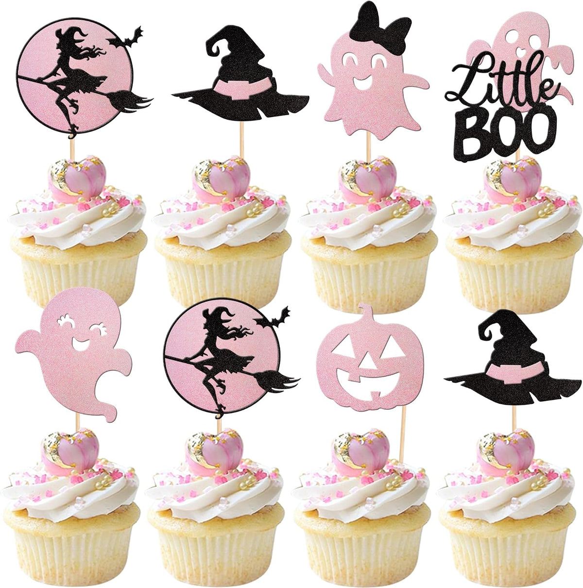 24 PCS Halloween Bat Cupcake Toppers Black Glitter Bat Cupcake Picks - Pattern 14