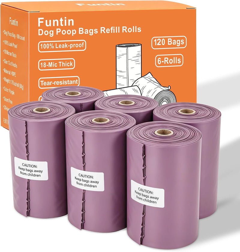 Dog Poop Bags, 120ct Extra Thick 1.8mil Unscented Waste Bag Rolls – Essentials for Dogs - Purple & 120-Bags