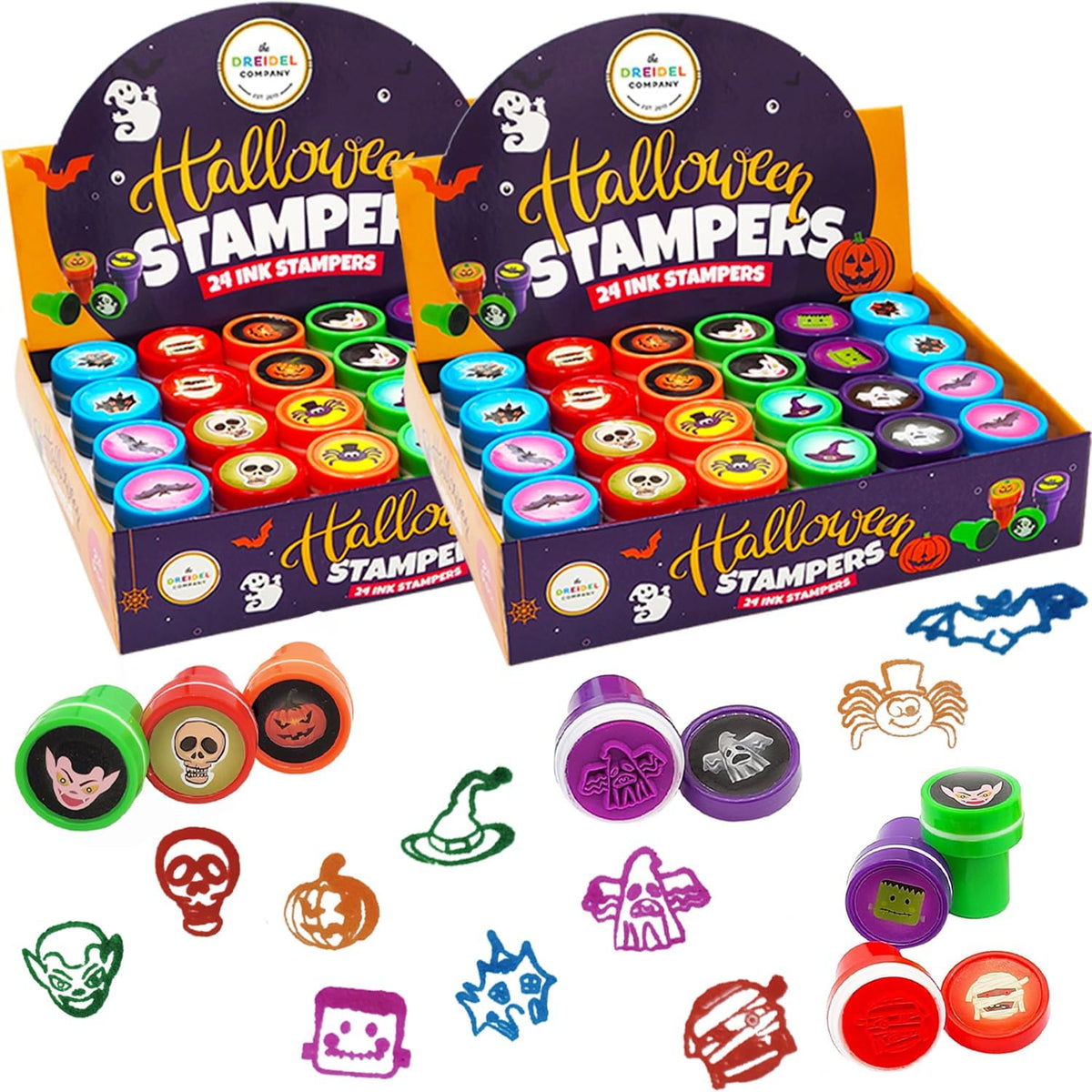 The Dreidel Company 24 self-inking Halloween stampers with pumpkin, bat, ghost and heart designs