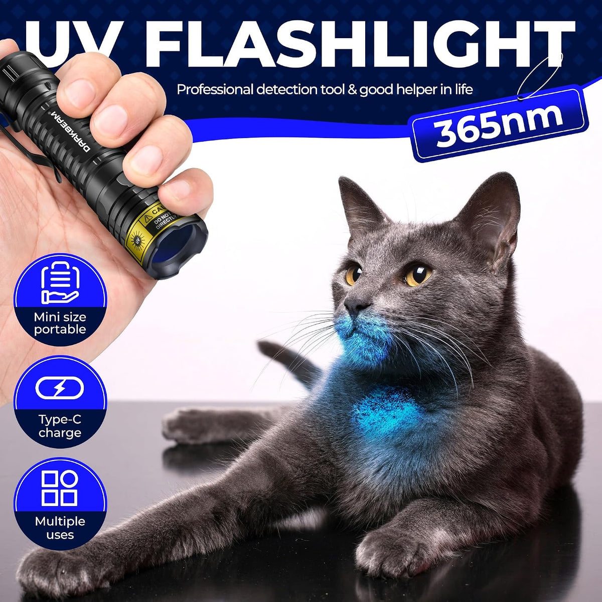 DARKBEAM UV Flashlight 395nm LED Black Light Woods Lamp Ultraviolet - UV 365nm(bluish) / Mini (V82) - image 2