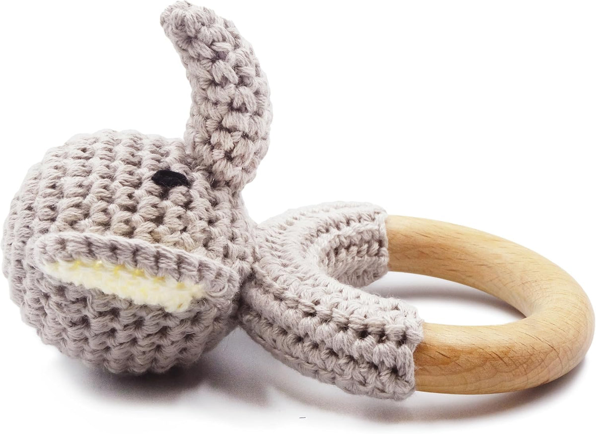 Joliecraft beige crochet bear rattle with natural wood teething ring - view 6