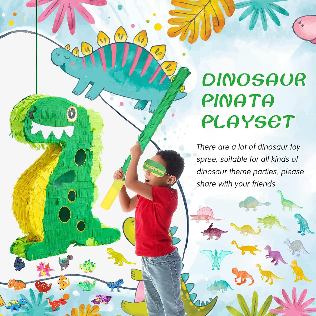 Hanaive green dinosaur piñata set with blindfold, baton, rings, slap bracelets and stickers - view 4