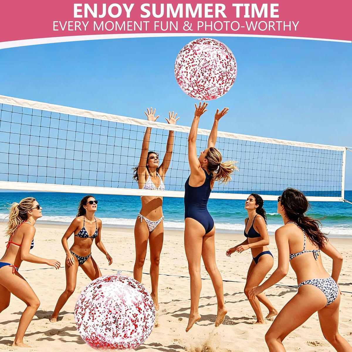 TURNMEON 5 Pack Sequins Beach Balls 16 Inch 24 Inch Pool Party - Red / 2 pcs 24inch+3 pcs 16inch - image 4