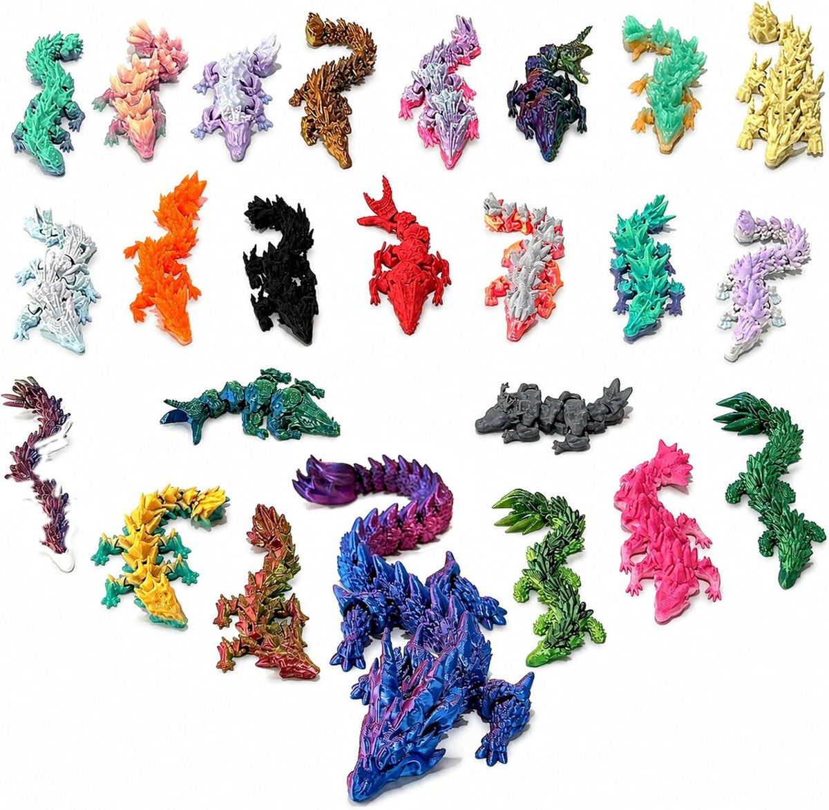 24 3D printed articulated dragon figures in assorted colors