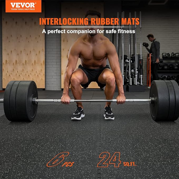 VEVOR 6PCS 0.56 inch Thick Gym Floor Mats, 25" x 25" EVA Foam & Rubber Top Interlocking Workout Floor Mats with 24 sq.ft Coverage, Waterproof Exercise Puzzle Flooring for Gym, Home, Garage, Basement