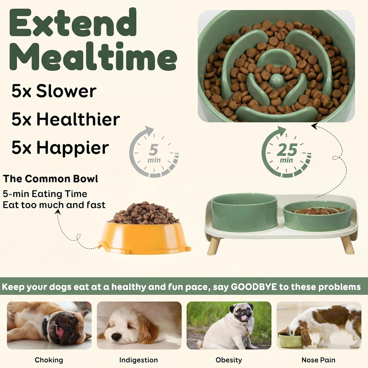 Elevated Slow Feeder Dog Bowls with Splash Proof Stand - Medium / Green - image 2