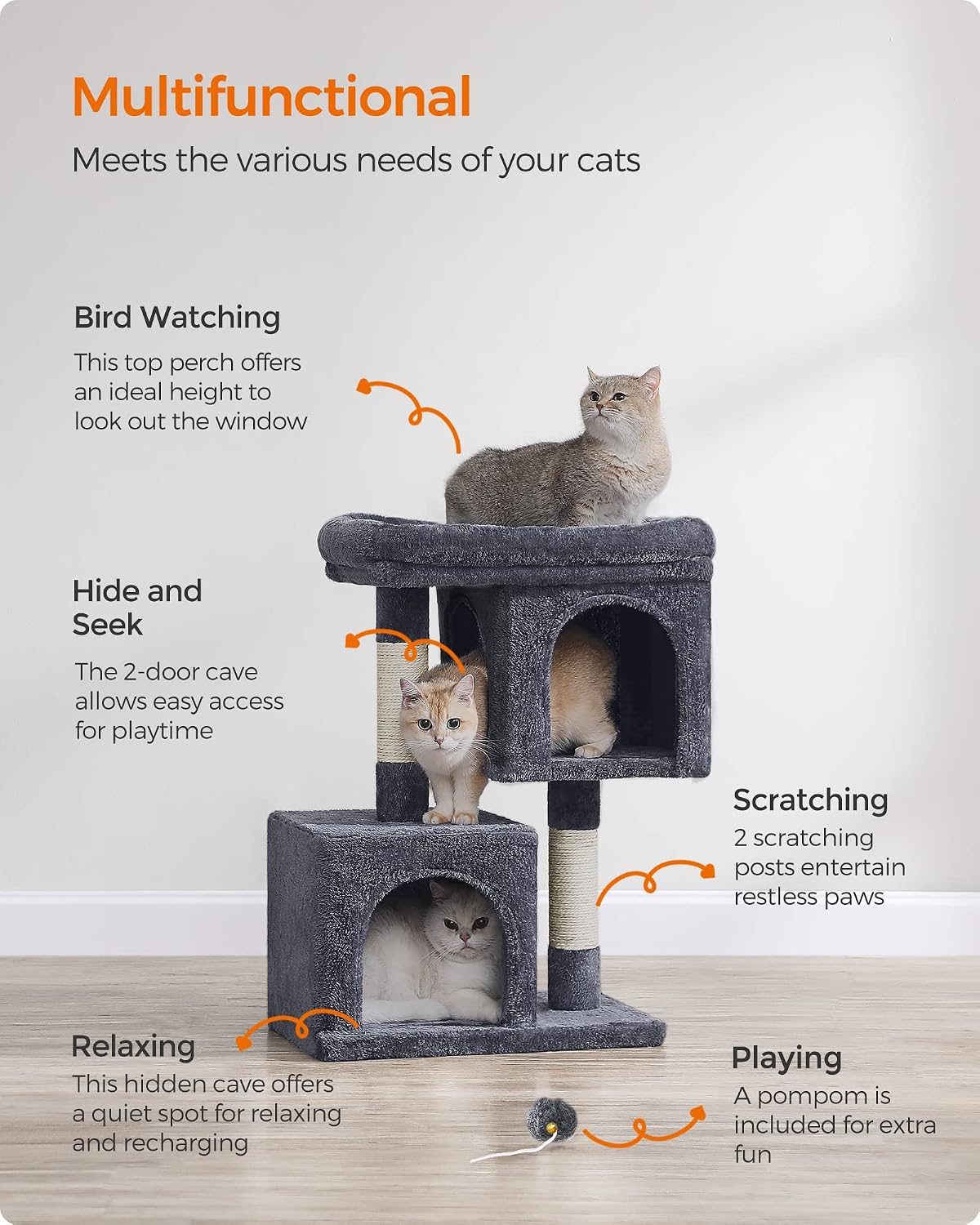 Feandrea Cat Tree, Plush Kitten Condo - M (19.3"L x 12.6"W x 29.1"H) / Smoky Gray - image 4