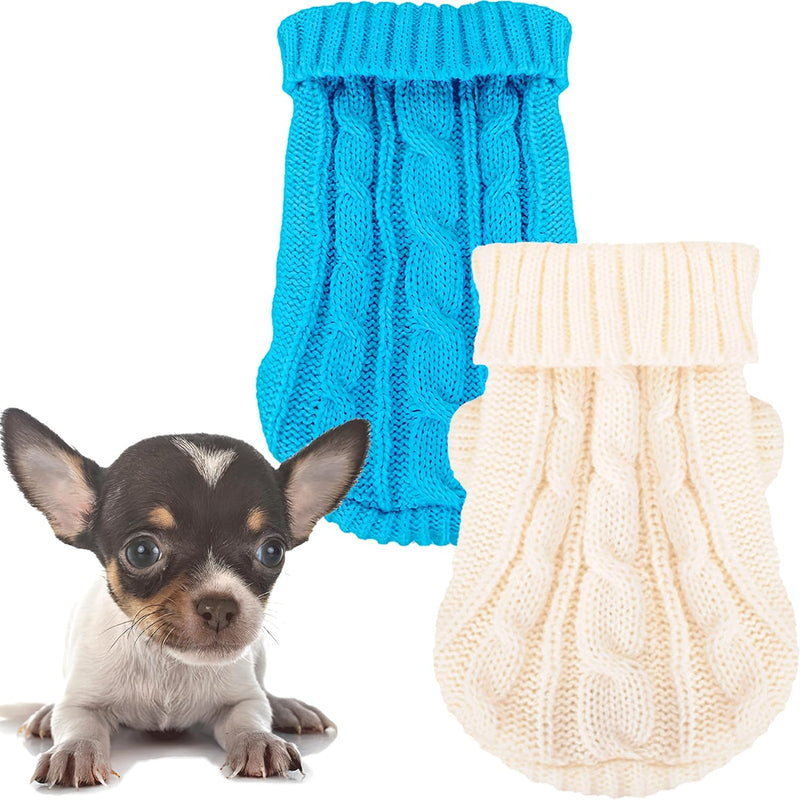 XXS Dog Sweater, 2 Pieces Turtleneck Knitted Chihuahua Sweater – Essentials for Dogs - X-Small / Blue-White