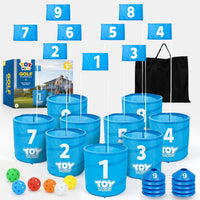 TOY Life backyard bucket golf game set with blue golf buckets, flag and golf balls on a lawn