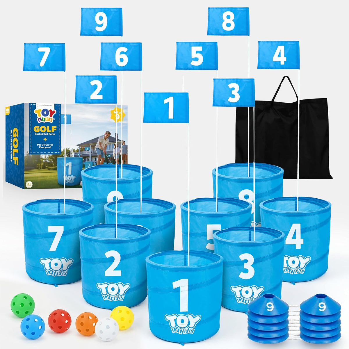 TOY Life backyard bucket golf game set with blue golf buckets, flag and golf balls on a lawn