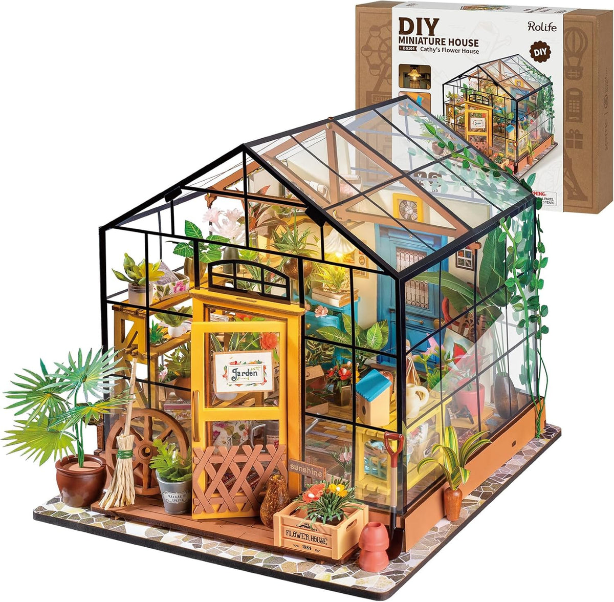 Rolife Greenhouse miniature house kit assembled with plants, wooden furniture and LED light - view 2