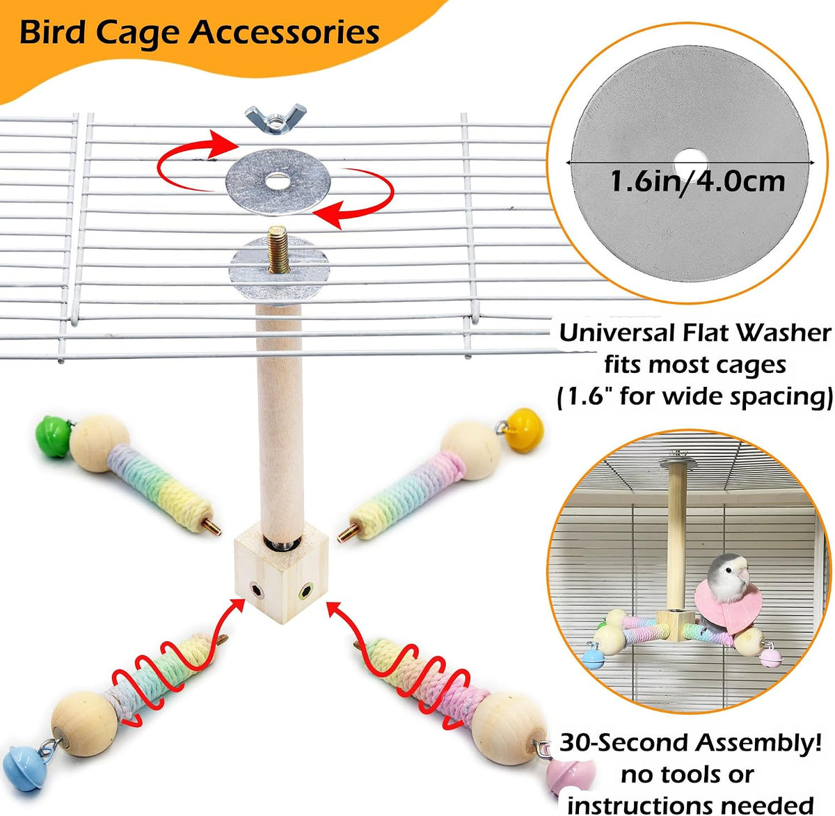 Bird Perch Toy, Kiln-Dried Wood Interactive 360° Spinning Cage Toy – Essentials for Birds - Small (with bells) - image 2