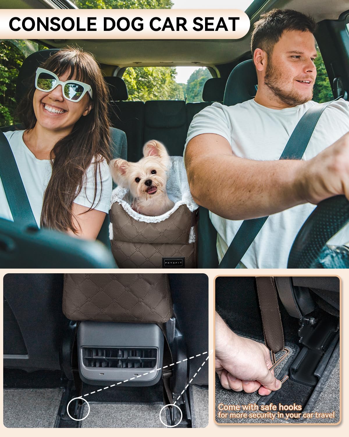 PETSFIT Center Console Dog Car Seat with Adjustable Seat-Rail Anchor - Coffee / Small - image 2