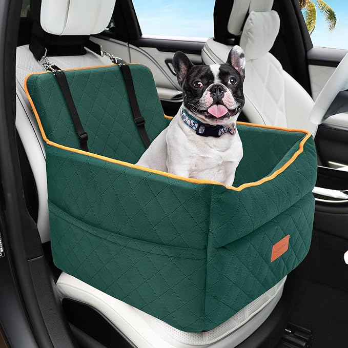 Dog Car Seat for Small Medium Dogs, Memory Foam Puppy Dog Booster Seat with Thick Cushion for Dogs Under 35lbs, Detachable Washable Pet Car Seat Travel Bed with Storage Pockets,2 Safety Belts
