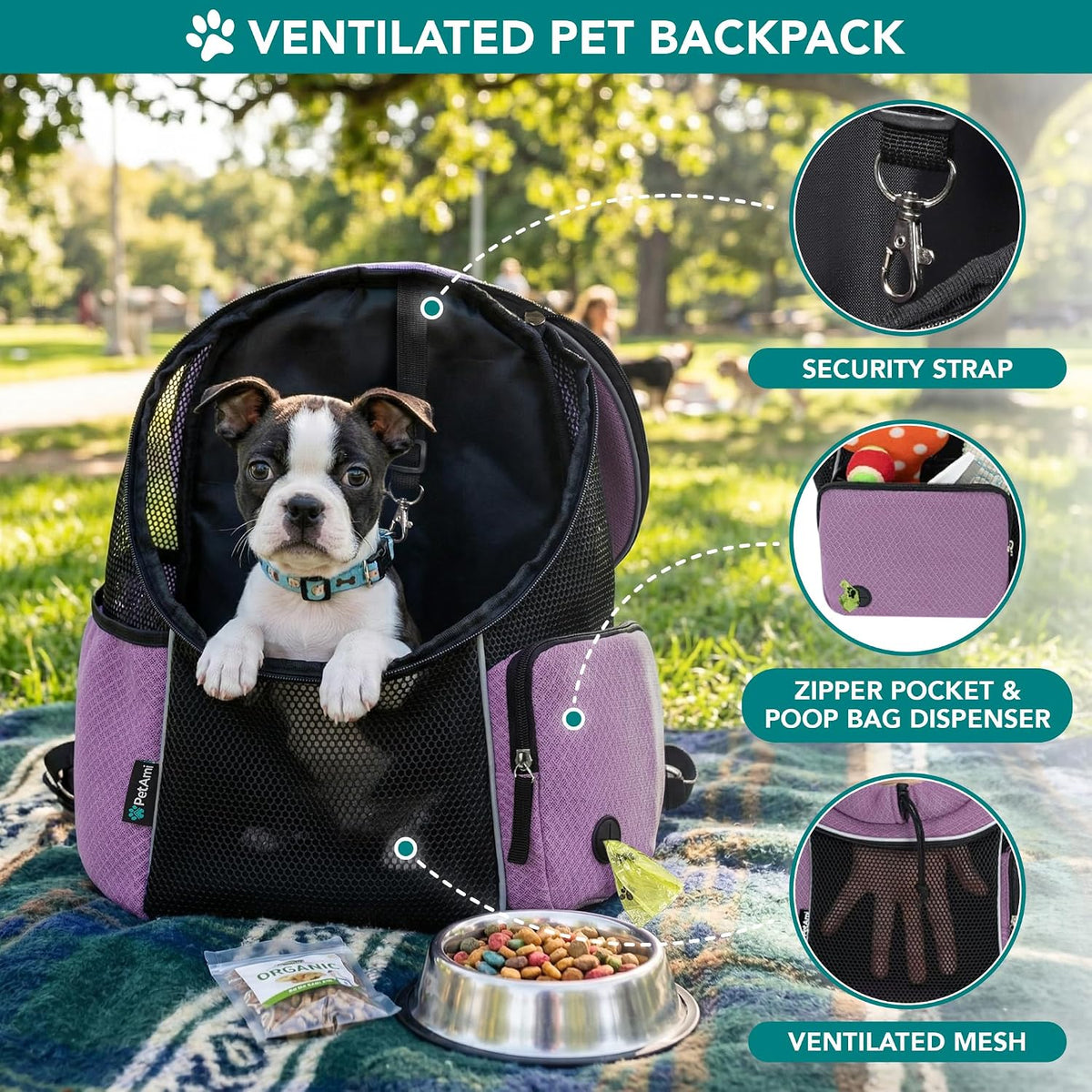 PetAmi Dog Carrier Backpack, Hands Free Front Pet Carrier - Purple / 16.5"L x 10.0"W x 17.0"H - image 4