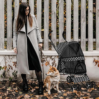 MoNiBloom 4 Wheels Pet Stroller, Easy-Fold Umbrella Shaped Dog Cat Jogger Stroller w/Storage Bag & Visible Mesh for Small/Medium Dogs Cats Black Polka Dots