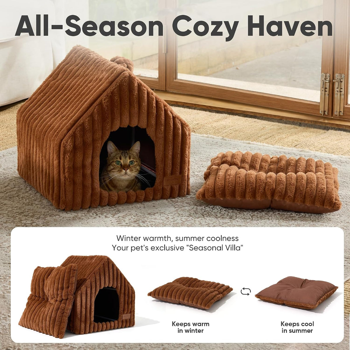 FUKUMARU Cat Bed Cave, Enclosed Washable Covered Dog Bed with Support Frame – Essentials for Cats - Brown / 17 Inch (Cats up to 15 lbs, Dogs up to 10 lbs) - image 3