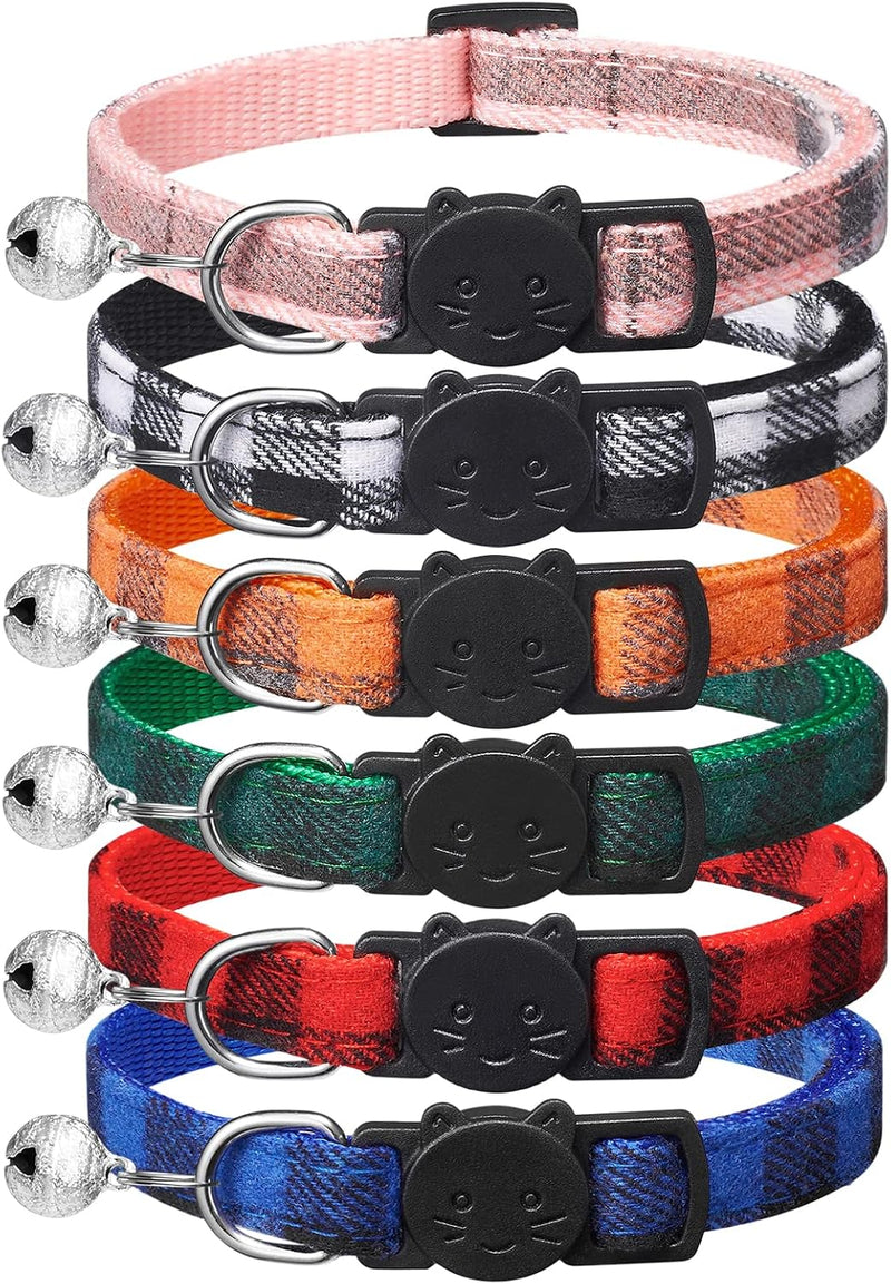 6 Pack Classic Plaid Cat Collars with Bells - 6''-9''