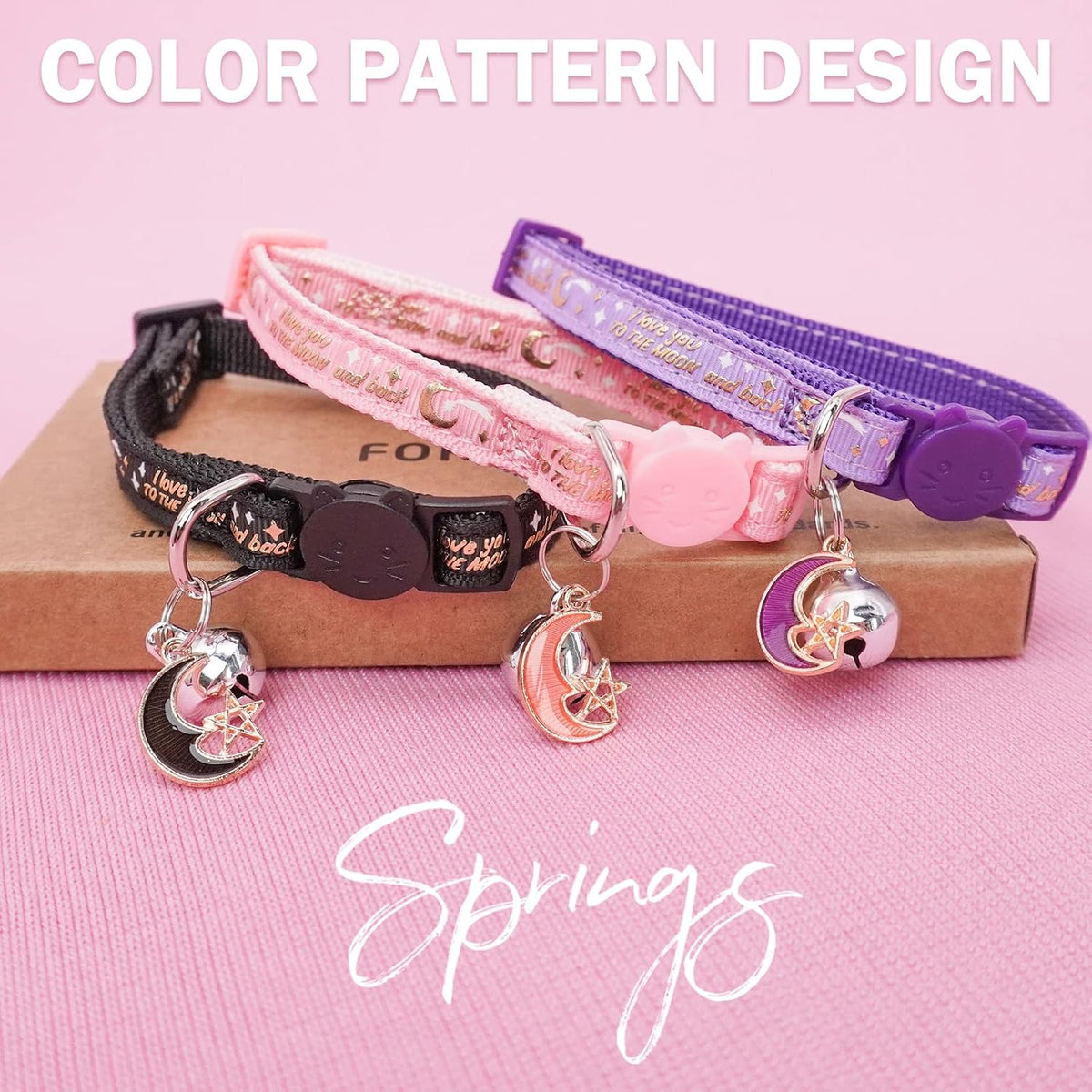 Cat Collar Breakaway, Soft Kitten Collar with Bell, Daisy - Star & Moon (Pack of 3) - image 2