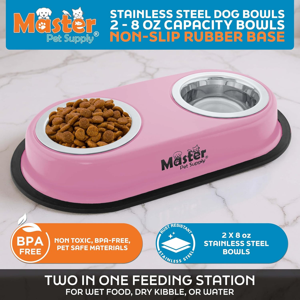 Master Pet Supply Double Dog Bowls Set with Elevated Base Black Velvet – Essentials for Dogs - Hyper Pink - image 2