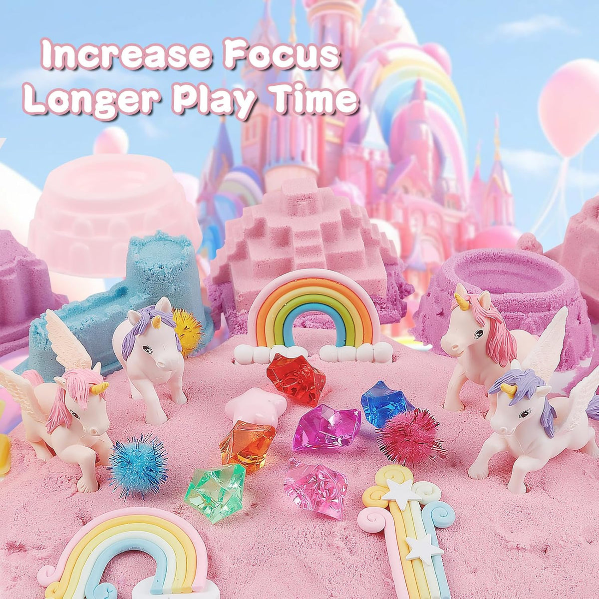 Volmop unicorn sensory bin with sandbox, colored play sand, castle molds and unicorn decorations - view 8