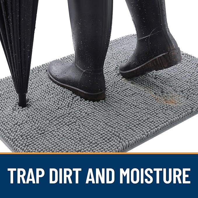 OLANLY Dog Door Mat Set 4-Piece 47x24, Absorbs Moisture and Dirt, Absorbent Non-Slip Washable Doormat, Quick Dry Chenille Mud Mat for Dogs, Entry Indoor Entryway Carpet for Inside Floor, Grey