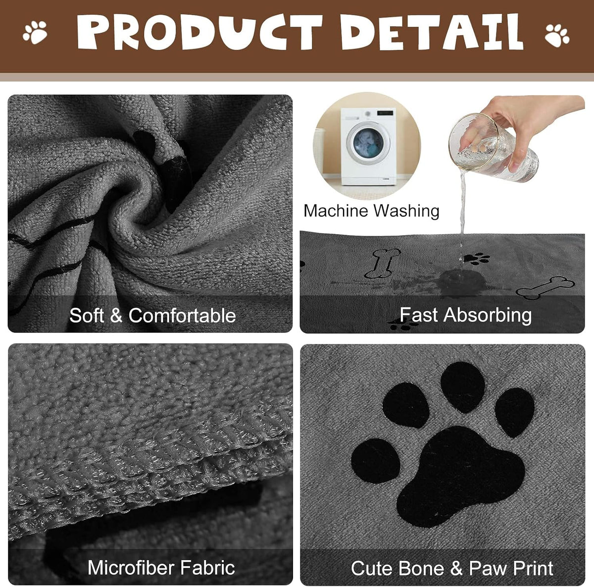 Chumia 4 Pcs Dog Towels for Drying Dog Puppy Bulk Microfiber - 55 x 28 Inch / Gray - image 3