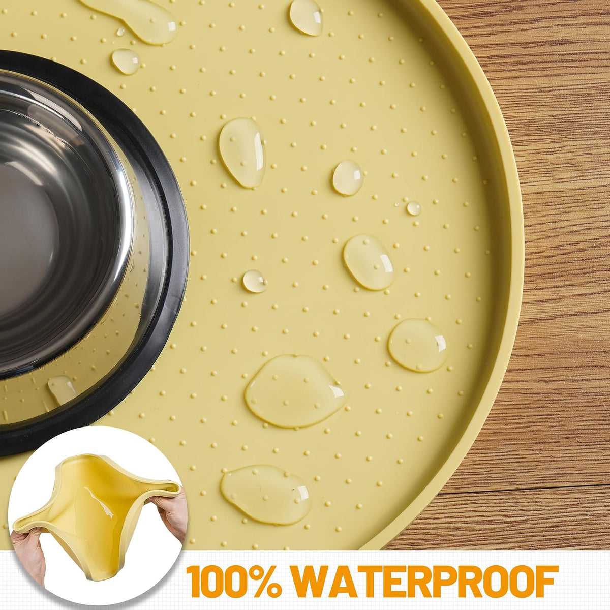 Hubulk 100% Waterproof Silicone Pet Feeding Mat with Raised Edge - Yellow / 24"L x 16"W - image 4