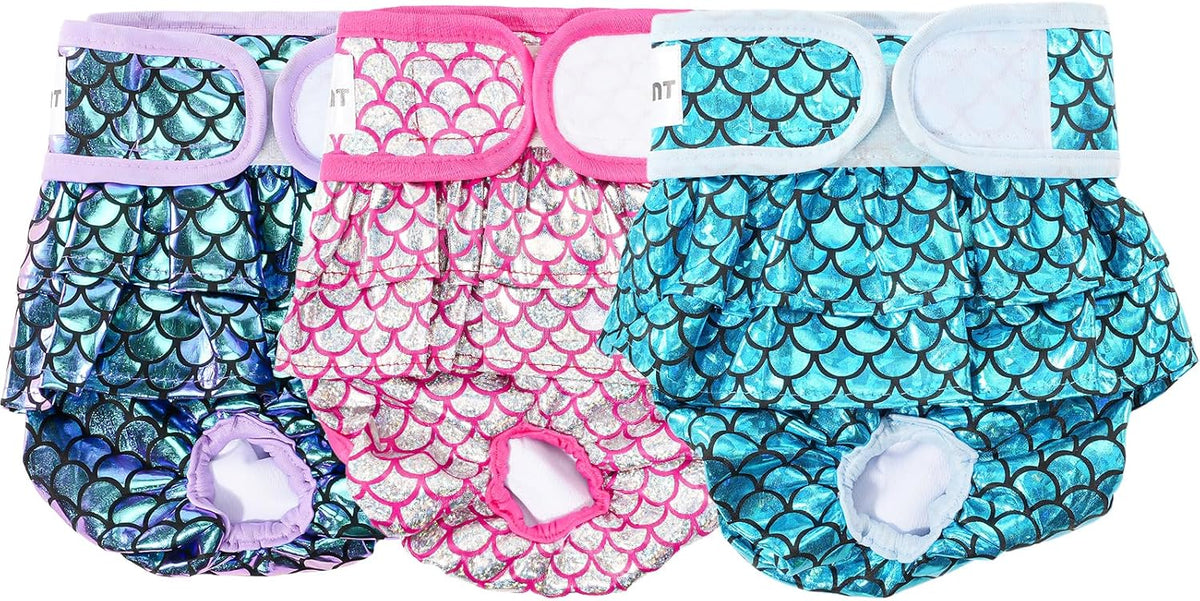 Avont 3 Pack Reusable Dog Diapers Female-Strawberry/Orange/Cherry – Essentials for Dogs - Mermaid Pattern - Purple Pink Blue / XL