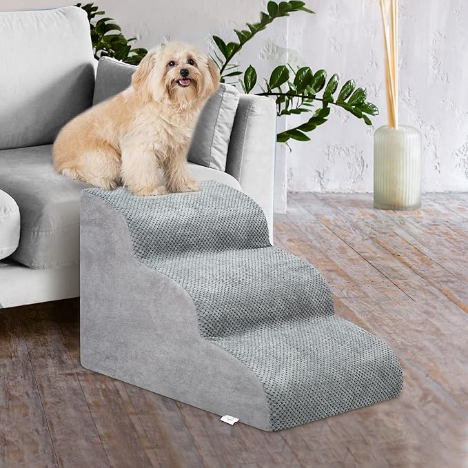 Dog Stairs for Small Dogs - High Density Foam Dog Ramp, Extra Wide Pet Steps with Non-Slip Bottom for High Beds, Couche and Sofa, Best for Dogs Injured, Older Doggy Cats (Grey, 3 Steps)