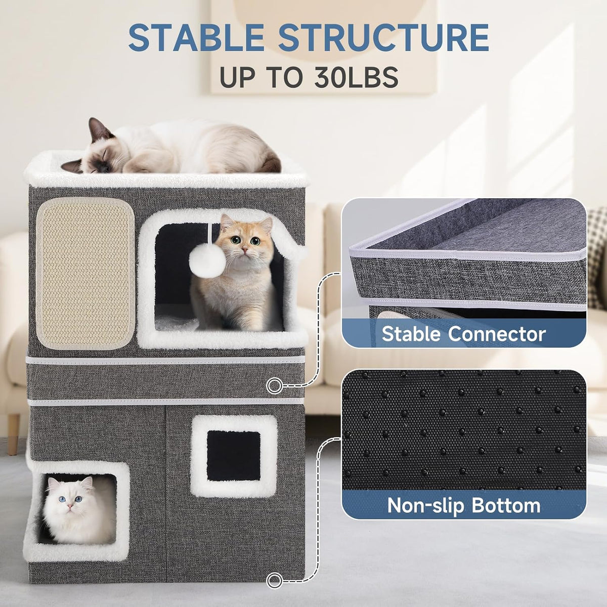 Shikha 2 Story Cat Bed House for Indoor Cats with Scratch Pads Black – Essentials for Cats - Grey / Double / Without Heating Pad - image 4