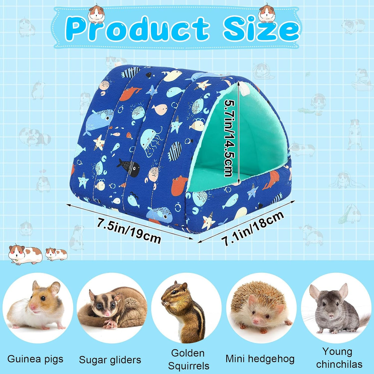UPINS 2 Pack Guinea Pig Hideout, Washable Small Animal House Bed – Daily Care for Small Pets - 6.8 x 7.4 inch / Blue Orange - image 2