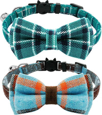 2 Pack/Set Cat Collar Breakaway with Cute Bow Tie and Bell for Kitty - Cyan-blue+Blue-gray / Plaid