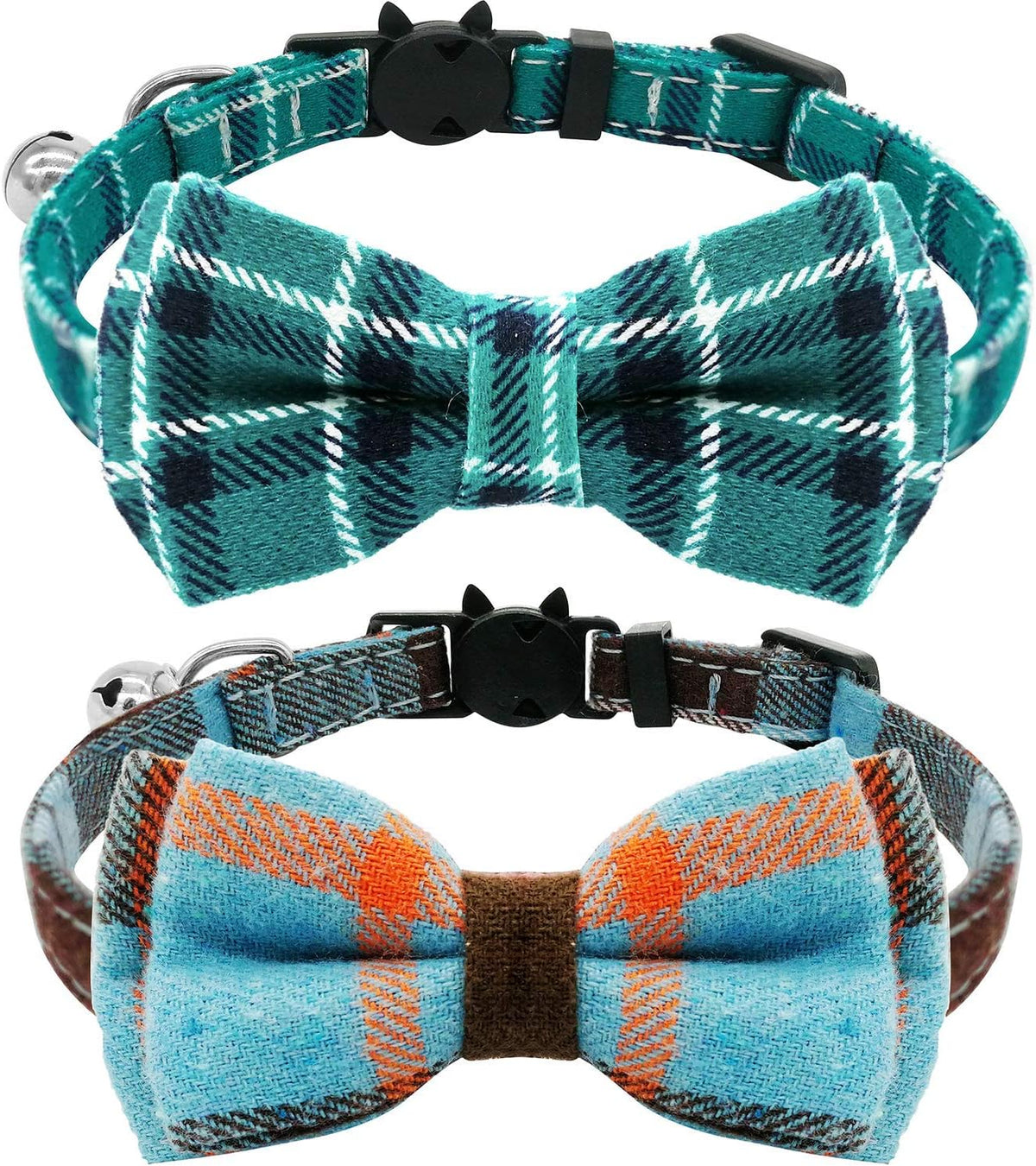 2 Pack/Set Cat Collar Breakaway with Cute Bow Tie and Bell for Kitty - Cyan-blue+Blue-gray / Plaid
