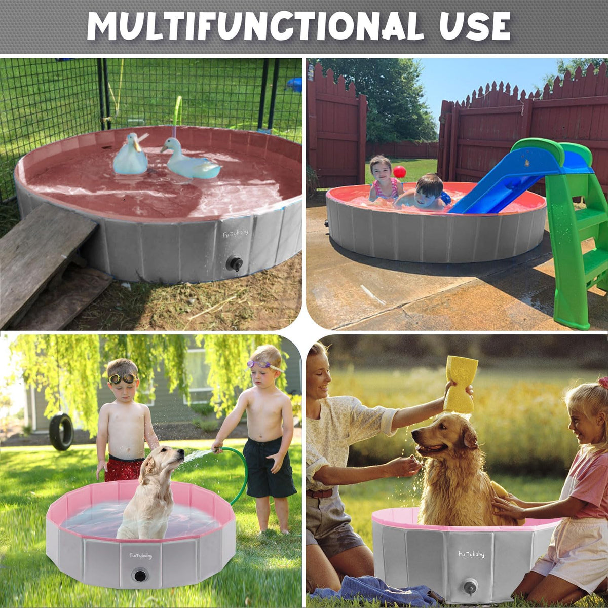 Furrybaby Foldable Dog Pool Non-Slip Hard Bath Tub Indoor Outdoor - 32*9inch / Grey,pink - image 3