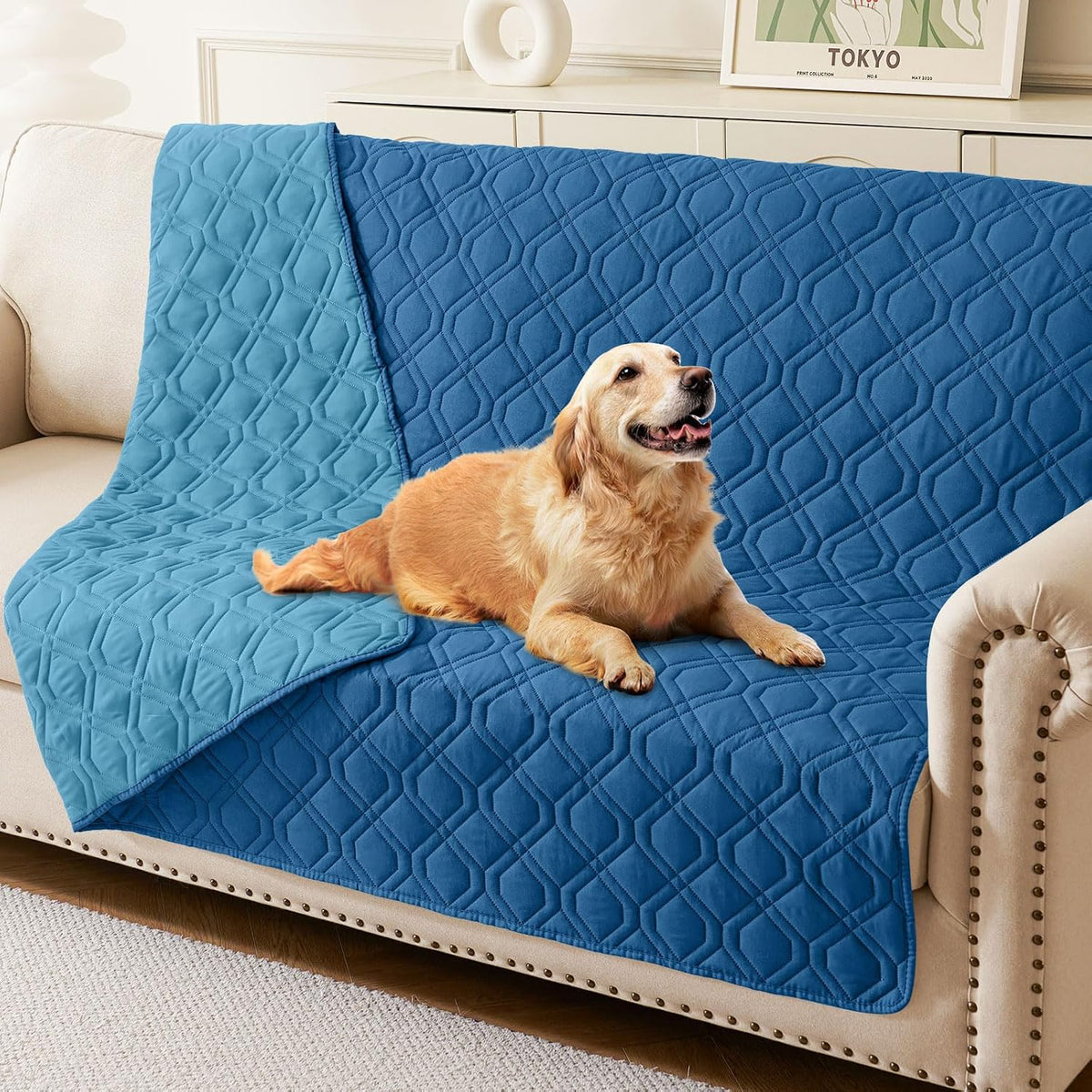 Waterproof Dog Bed Blanket - Navy Blue+blue / Geometric / 52x82 Inch