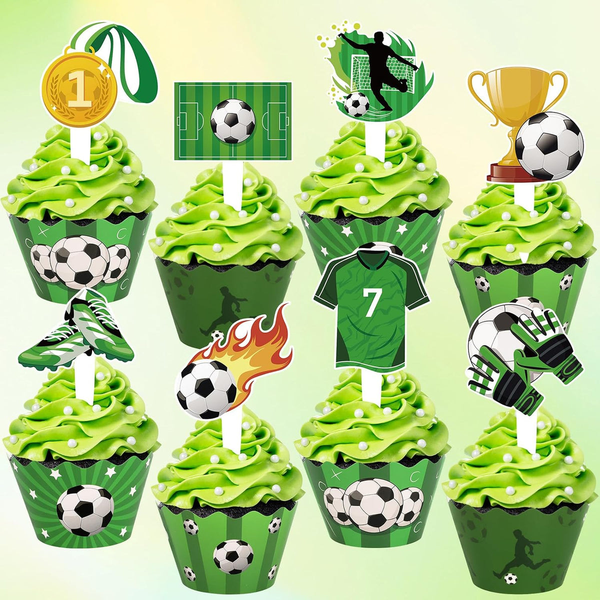 Hxezoc football cupcake toppers and wrappers set with brown and green football designs - view 24