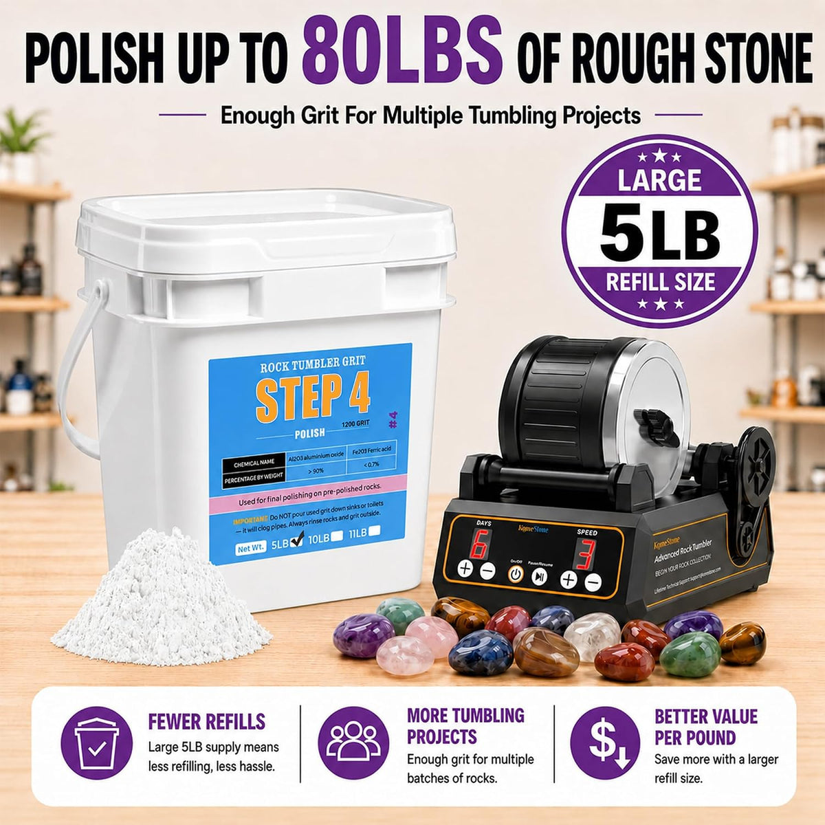 KomeStone 6 lb rock tumbler grit and polish refill kit in 4 bottles - view 14