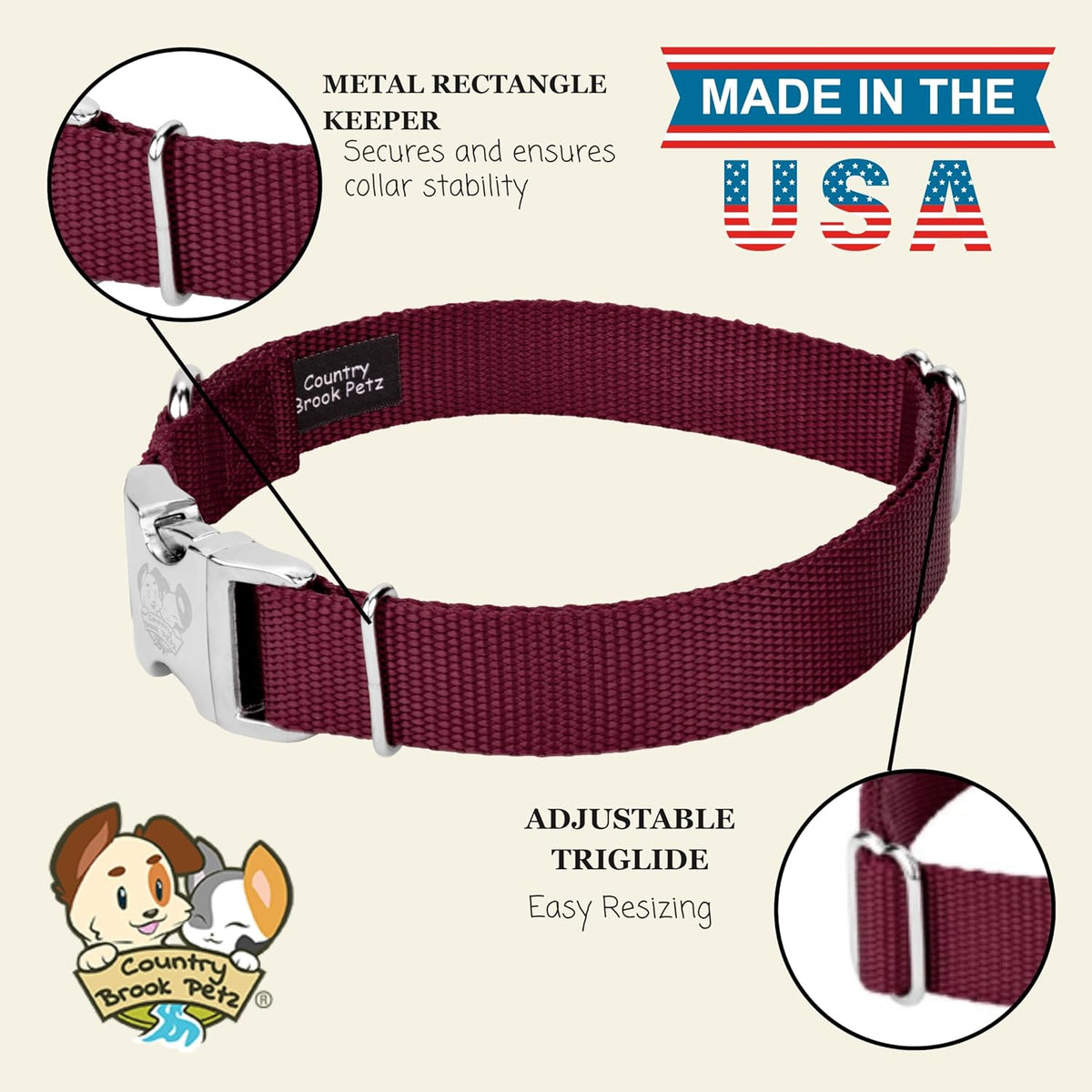 Country Brook Petz - Premium Nylon Dog Collar with Metal Buckle for Small Medium Large Breeds - 30+ - Large (Pack of 1) / Burgundy - image 3