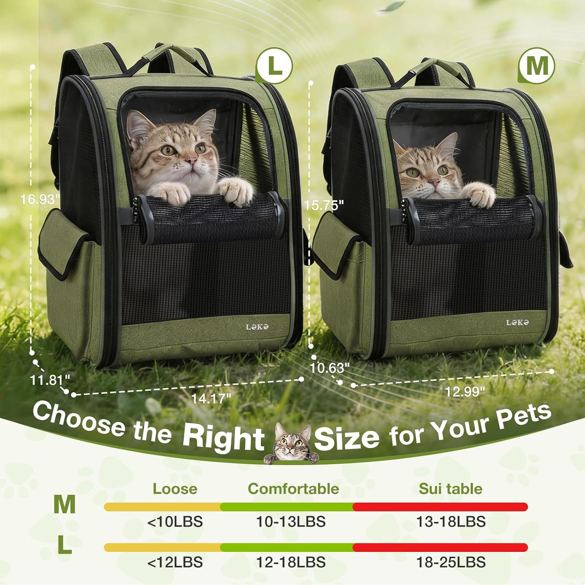 Lekereise Dog Carrier Backpack for Small Medium Dogs Cats up to 18 lbs - Green / M-Mesh Window - image 4