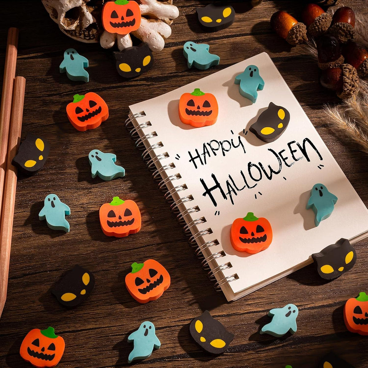 YGAOHF 60 mini Halloween erasers in pumpkin, ghost and bat shapes - view 4