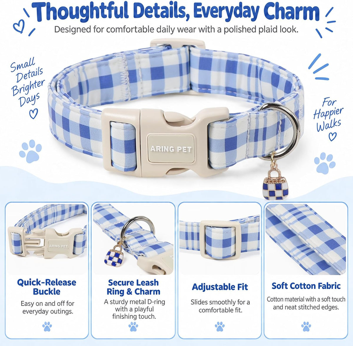 ARING PET Halloween Dog Collar-Cute Fall Dog Collar for Small Dogs - Small / Plaid Blue - image 3