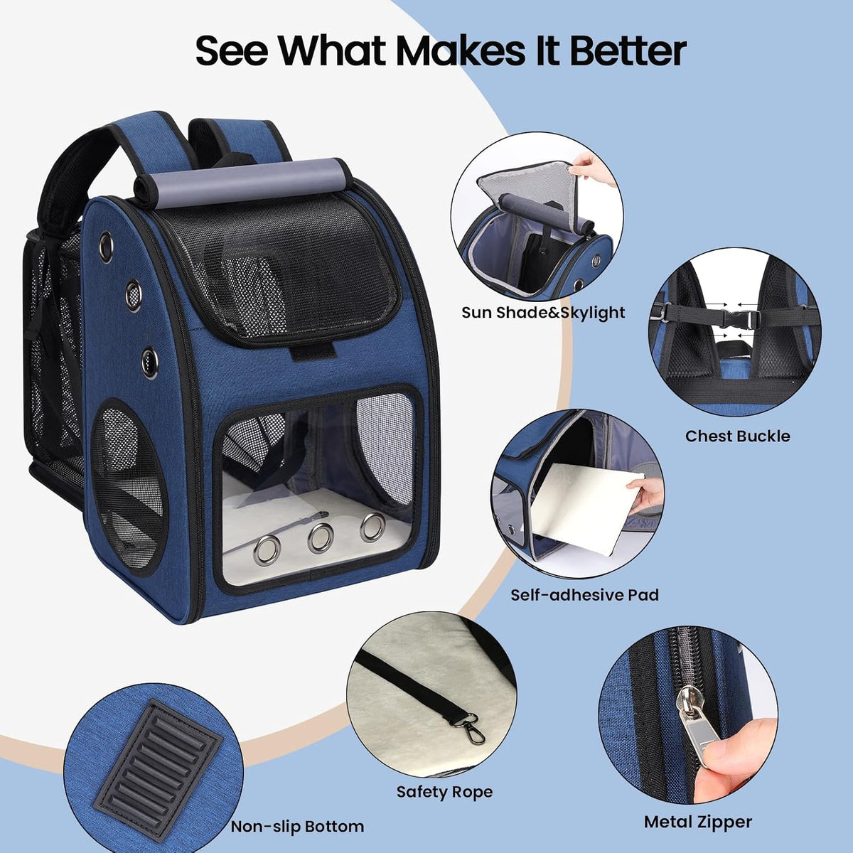 Expandable Cat Backpack Carrier for Small Cats/Dogs Airline Approved – Essentials for Dogs - Blue-Standard - image 3