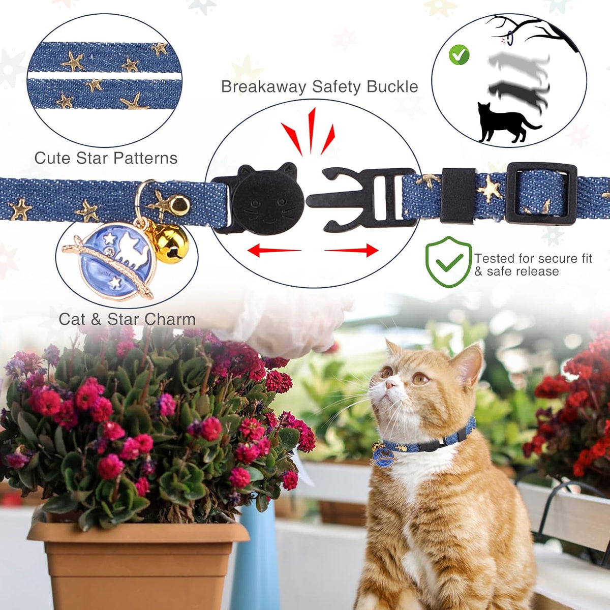 Cat Collar Breakaway, Soft Kitten Collar with Bell, Daisy - Denim (Pack of 3) - image 4